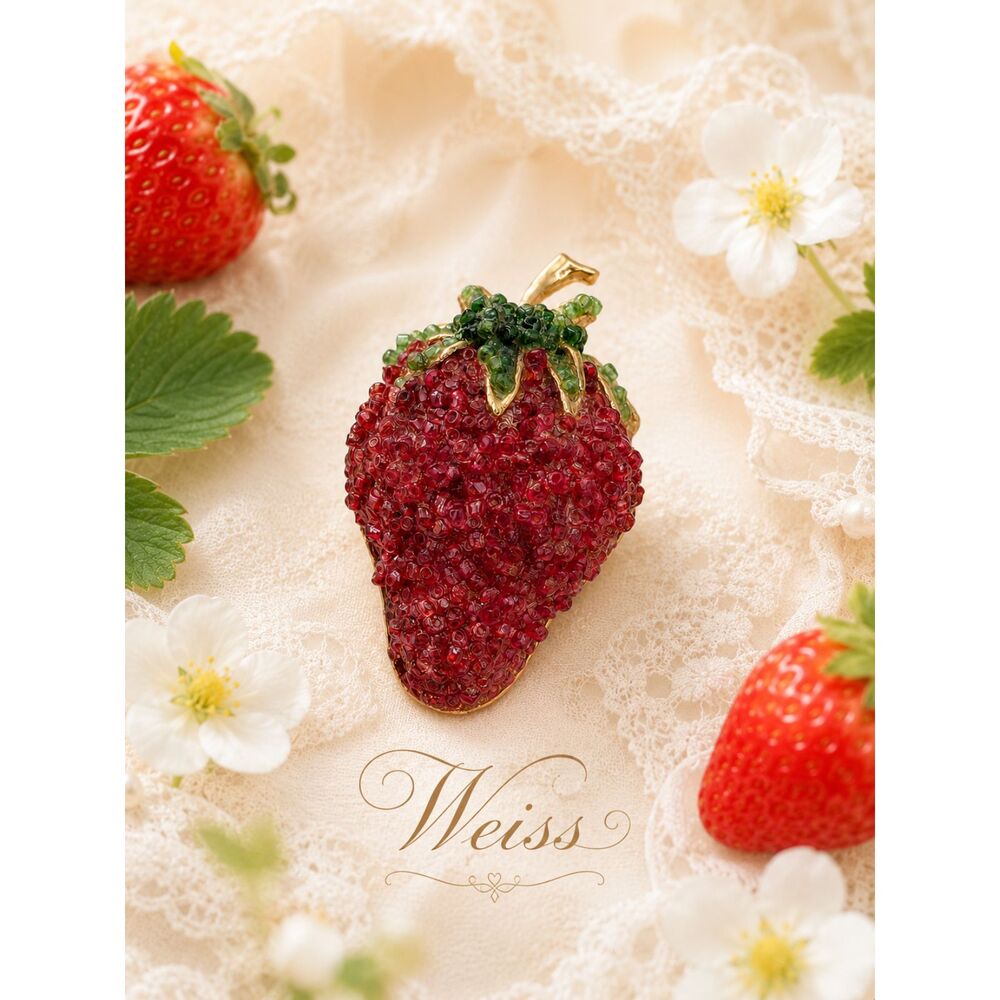 Signed Weiss Strawberry Brooch Mounded Glass Micro Seed Beads, Gold Tone 1950s